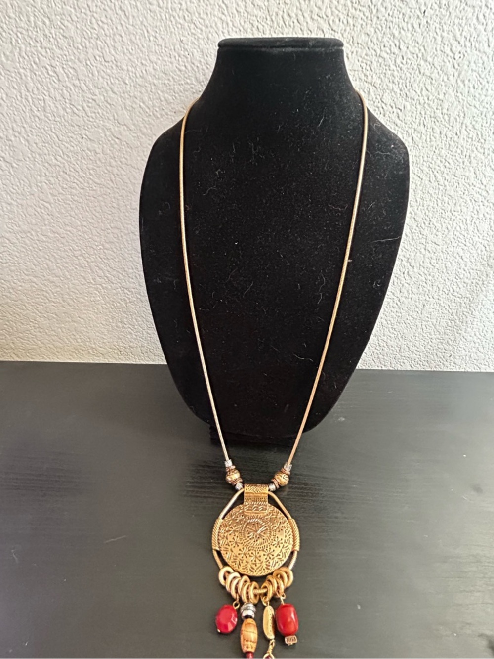 Chico's Gold-Tone Filigree Pendant Necklace with Red Beads